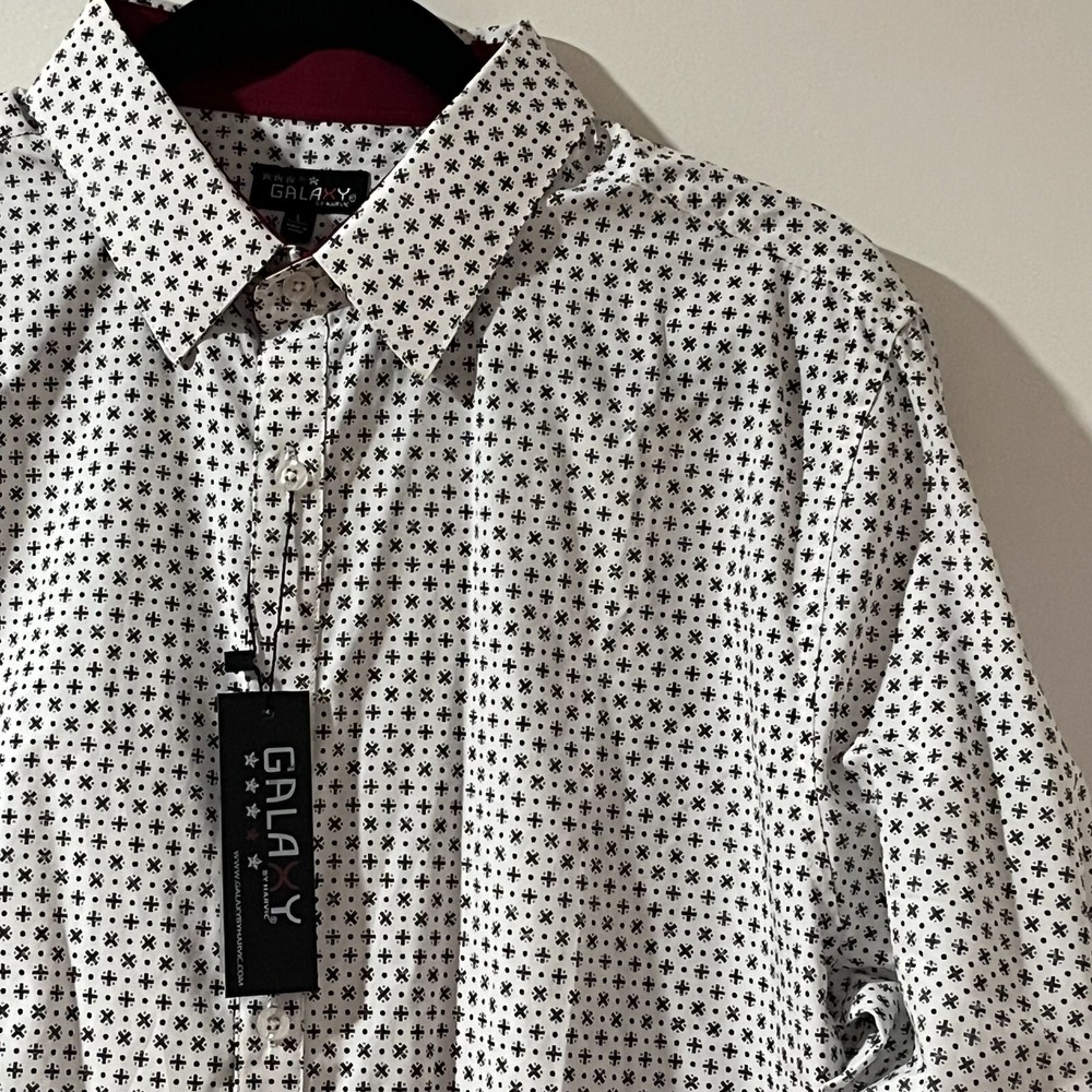 Galaxy by Harvic Mens L Slim Fit Button Down Shirt White Geometric MLS-406WH